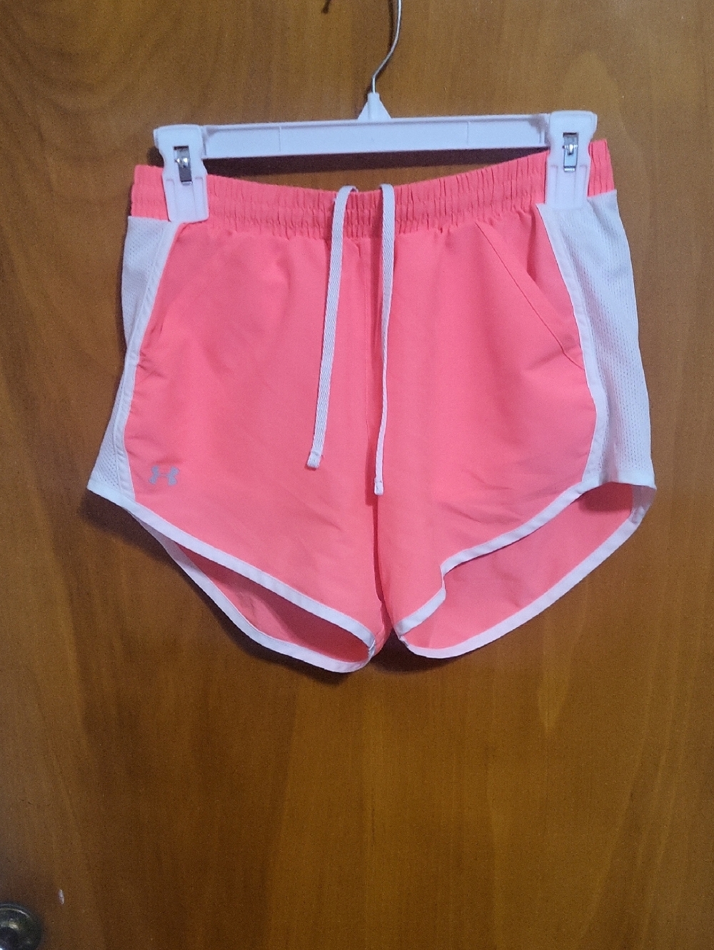 Womens Sizexs- Under Armour Bright Coral Pink Athletic Shorts with White Trim